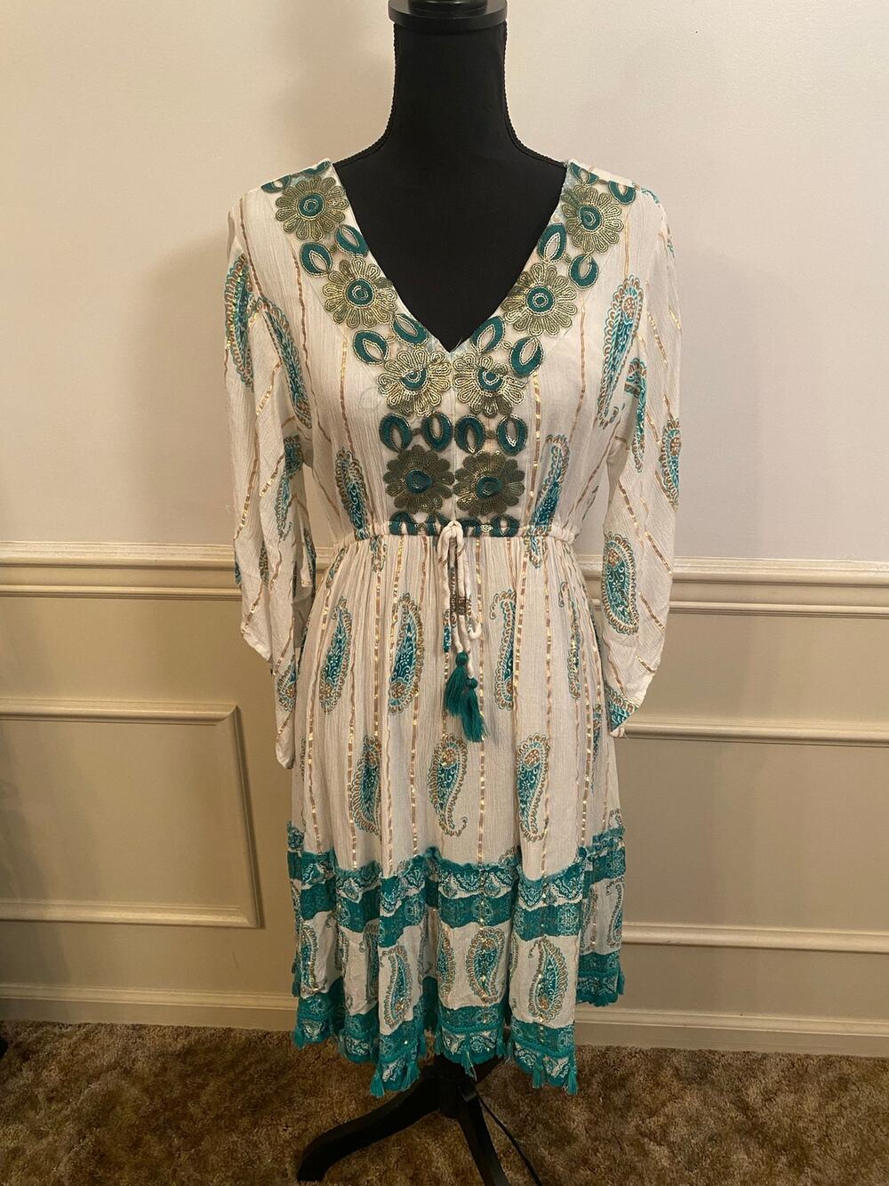 Anthropologie Me 2 Magic Boho Tassel Green White Sequin Dress Flutter Sleeve